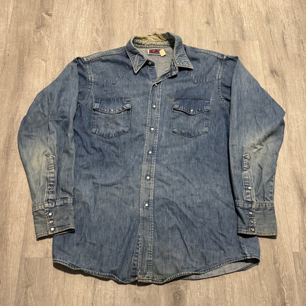 Vintage Big Mac Denim Western Pearl Snap Shirt Mens Large Blue Cotton Workwear